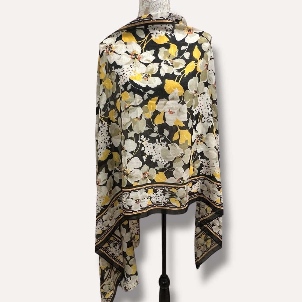 Vera Bradley Floral Scarf Black Yellow Ivory Lightweight Wrap Shawl 80x60